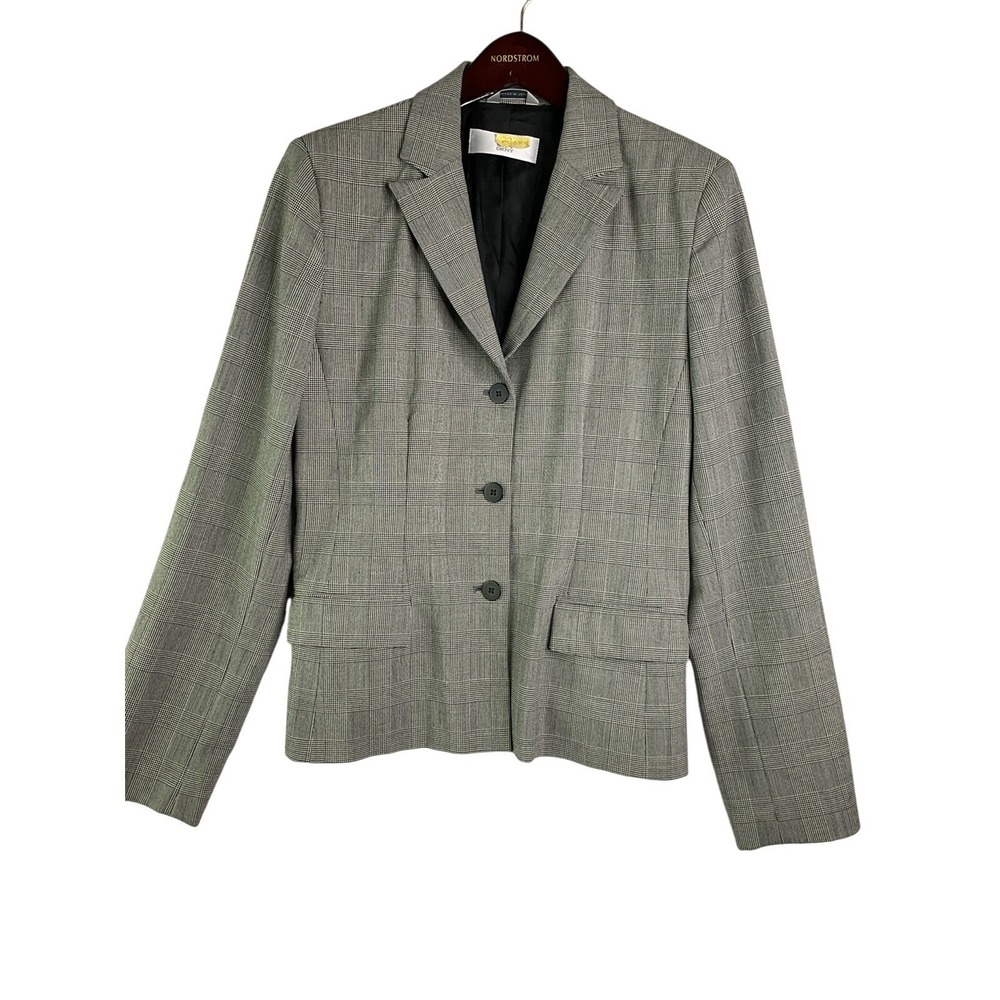 DKNY City Made In Italy Wool Blend Grey Plaid 3-Button Blazer‎ Career Office 10